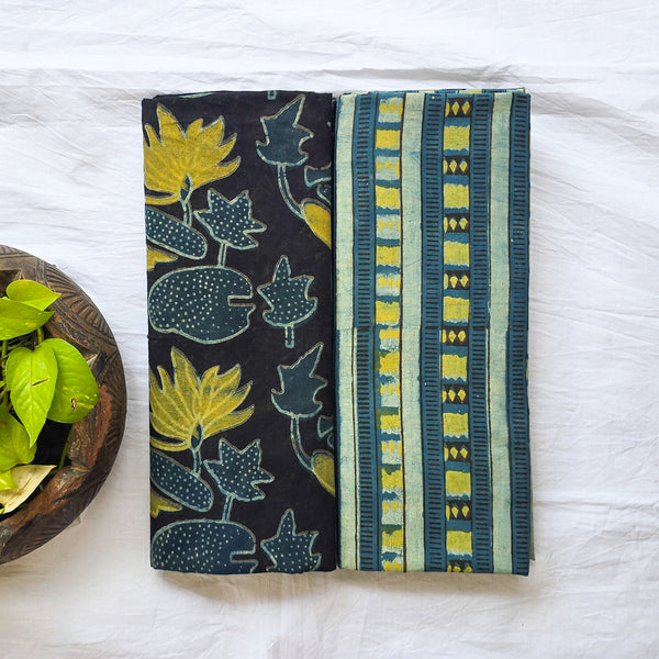 Top Bottom Combo Pure Cotton Vanaspati Rust Black With Mustard  Hand Block Print  (2.5 Meters Each)