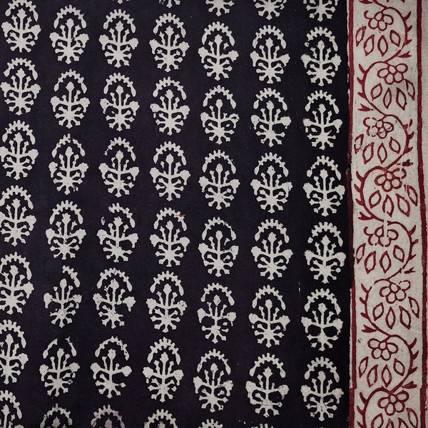 (PRE-CUT 1.40 METER) Pure Cotton Bagh Rust Black With White Design Motif With Border Hand Block Print Fabric