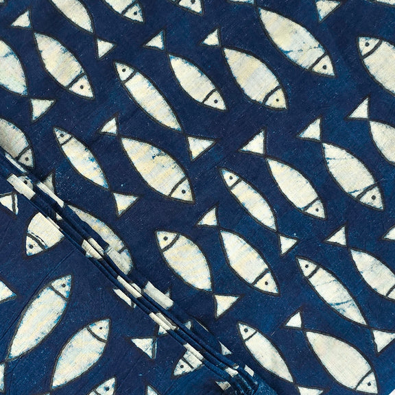 Pure Cotton Indigo Blue with white fish motif Hand Block Print Fabric ...