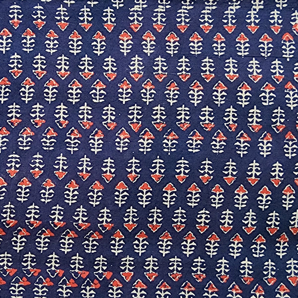 (PRE-CUT 1.50 METER) Pure Cotton Gamthi Navy Blue With Red Small Flower Motif Hand Block Print Fabric