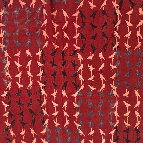 Pure Cotton Ajrak Red With white black and Blue  birds stripes Hand Block Print Fabric