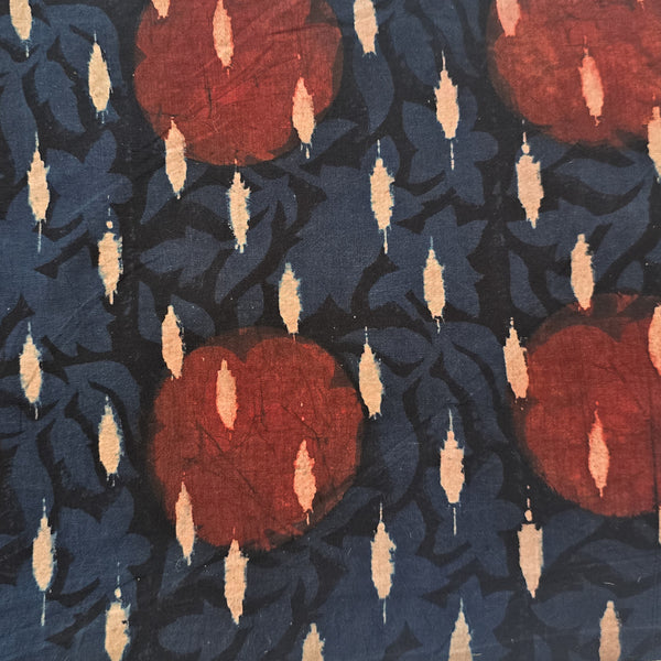 Pure Cotton Ajrak Dark Blue  With maroon  Flower Jaal And White Motif Hand Block Print Fabric