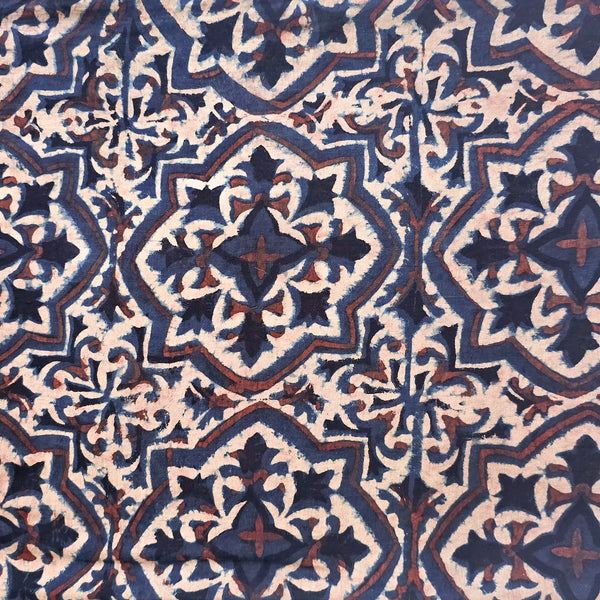 Pure Cotton Ajrak Blue With  Rust cream Tile Design Hand Block Print Fabric