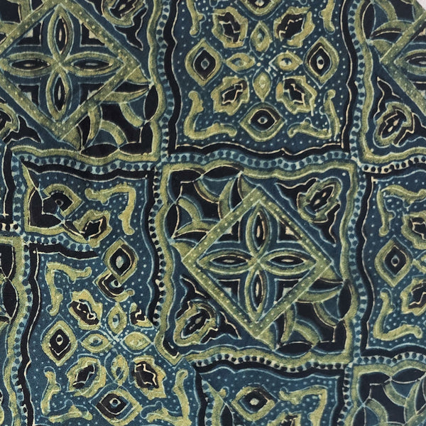 Pure Cotton Ajrak Blue  With mint  Intricate Design Hand Block Print Fabric