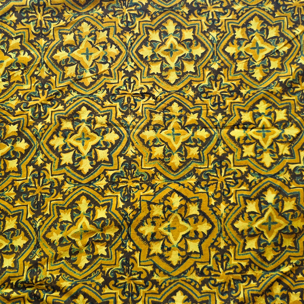 Pure Cotton Ajrak Yellow  With Black  Intricate Design Hand Block Print Fabric