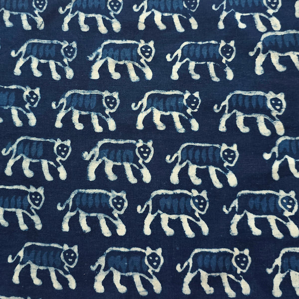 (PRE-CUT 1.80 METER) Pure Cotton Indigo with tiger  motif  Hand Block Print Fabric