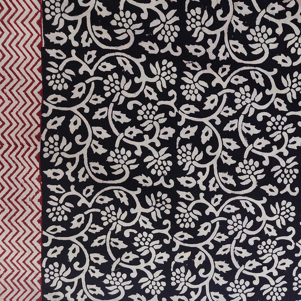 (PRE-CUT 2.30 METER) Pure Cotton Bagh Black With White Flower Jaal With Border Design Hand Block Print Fabric