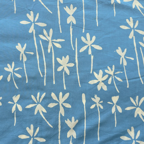 Pure Cotton Discharge Blue With White Flower Motif Hand Block Print Fabric