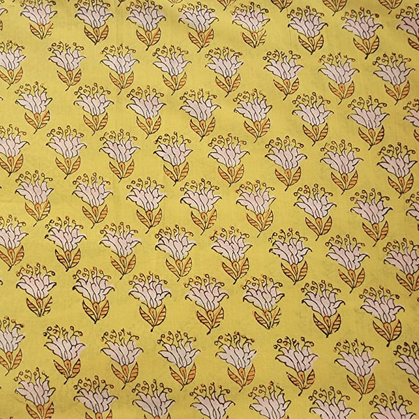 Pure Cotton Discharge Yellow With Flower Motif Hand Block Print Fabric