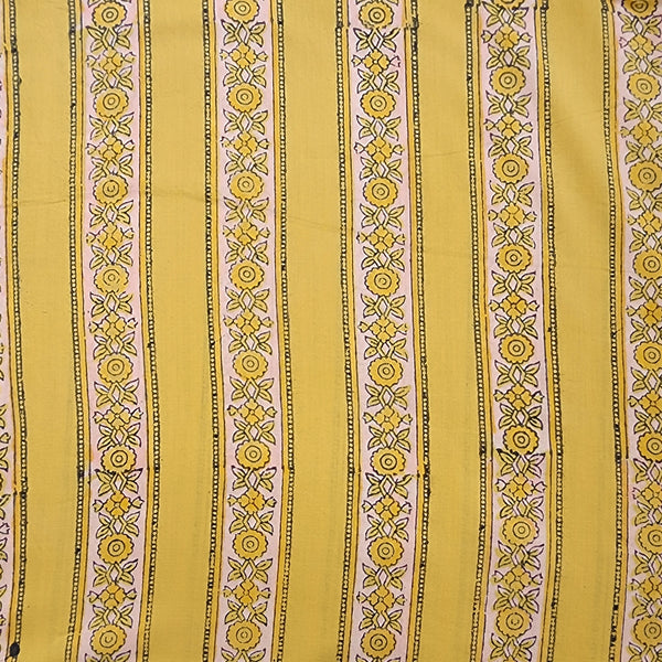 Pure Cotton Discharge Yellow With White peach Border Stripes Hand Block Print Fabric