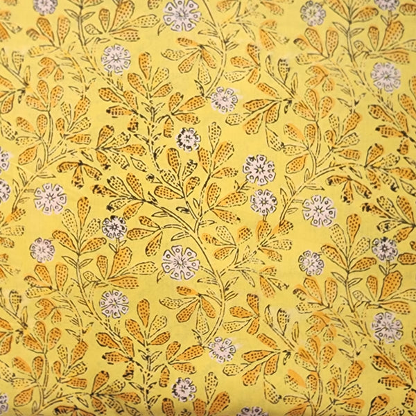 Pure Cotton Discharge Yellow With Oragne Flower  jaal hand block print fabric