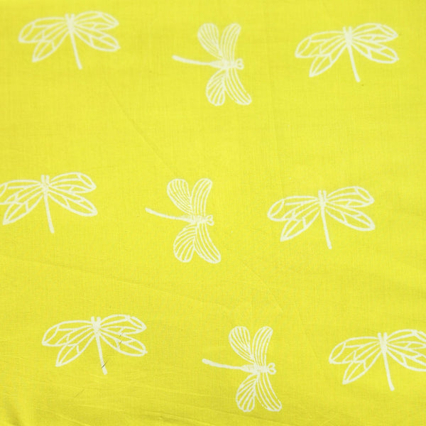 Pure Cotton Discharge fluorescent Green  With White Dragon Fly All Over Hand Block Print