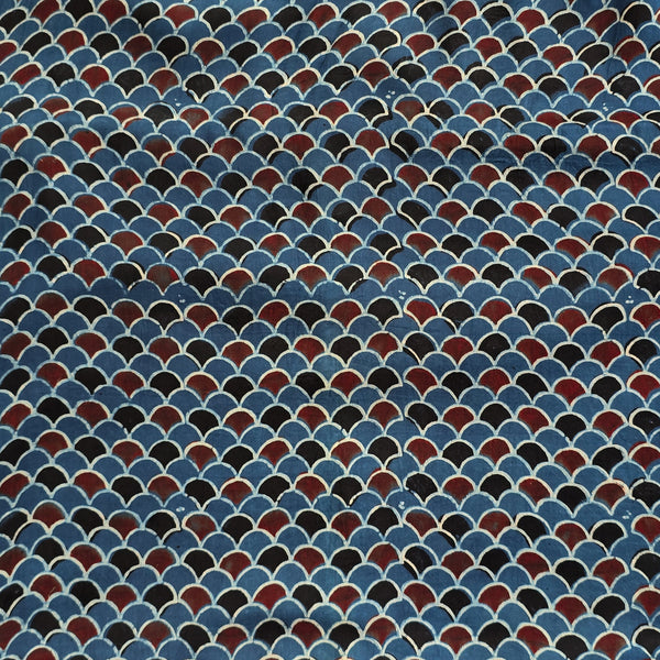 (PRE-CUT 0.80 METER) Modal Silk Blue With Rust Red And Black Shell Motif Fabric