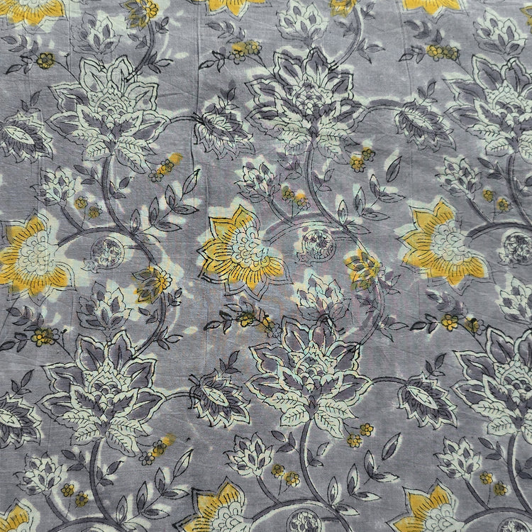 Pure Cotton Jaipuri Grey With Yellow Flower Jaal Hand Block Print Fabr ...