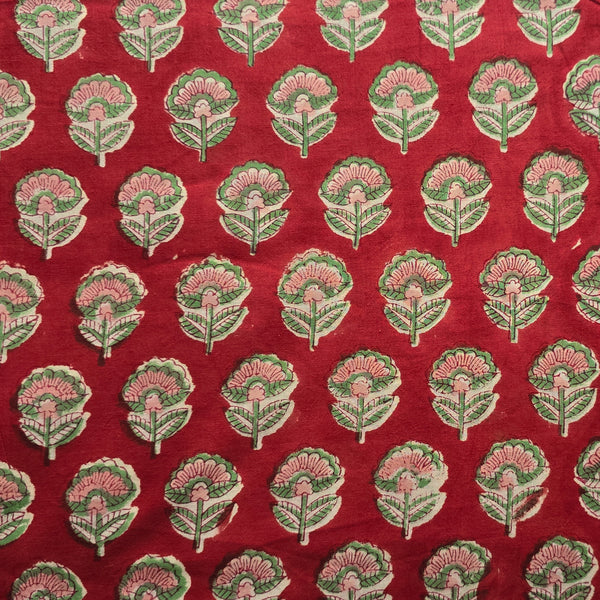 (Pre-Cut 1 Meter) Pure Cotton Jaipuri Red With Green  Flower Motif Hand Block Print Fabric