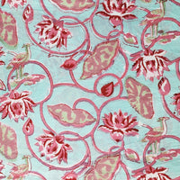 Pure Cotton Jaipuri Sea blue with pink Lotus flower jaal with bird  Hand Block Print Fabric