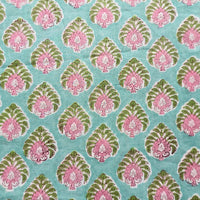 Pure Cotton Jaipuri Sea Green With Pink Flower Motif Hand Block Print Fabric