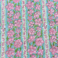 Pure Cotton Jaipuri Sea Green With Pink Flower Creeper Hand Block Print Fabric