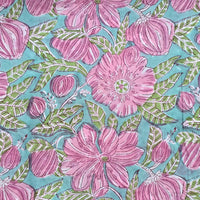 Pure Cotton Jaipuri Sea Green With Big Pink Flower Jaal Hand Block Print Fabric