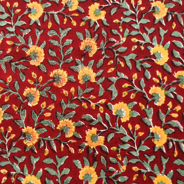 (PRE-CUT 1.50 METER) Pure Cotton Jaipuri Red With Yellow Flower Jaal Hand Block Print Fabric