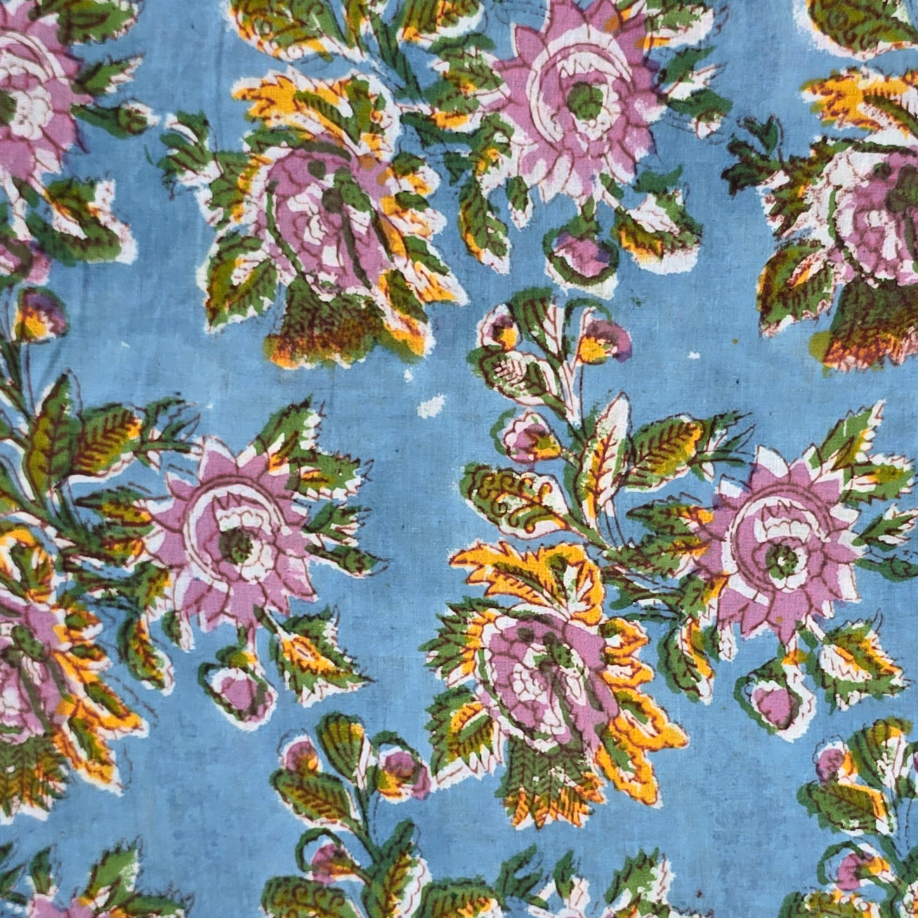 (PRE-CUT 2.35 METER) Pure Cotton Jaipuri Blue With Pink Big Flower Jaa ...