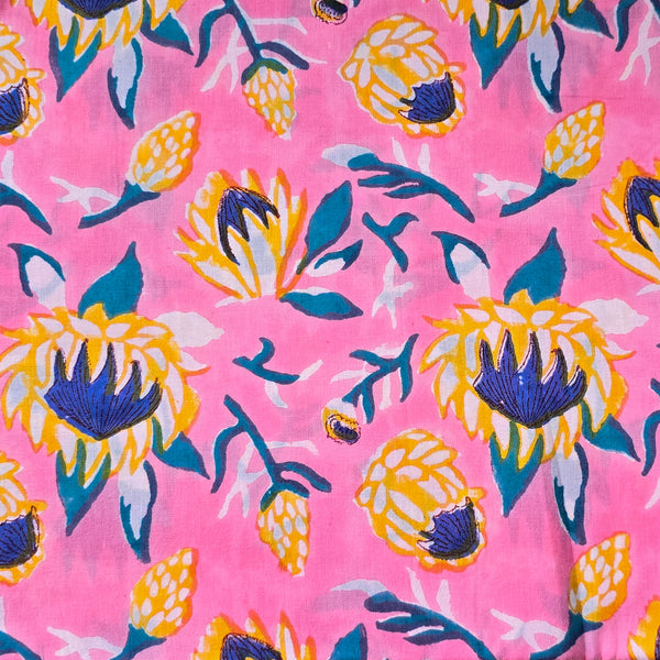 (PRE-CUT 1.75 METER) Pure Cotton Jaipuri Pink With Yellow Big Flower Jaal Hand Block Print Fabric
