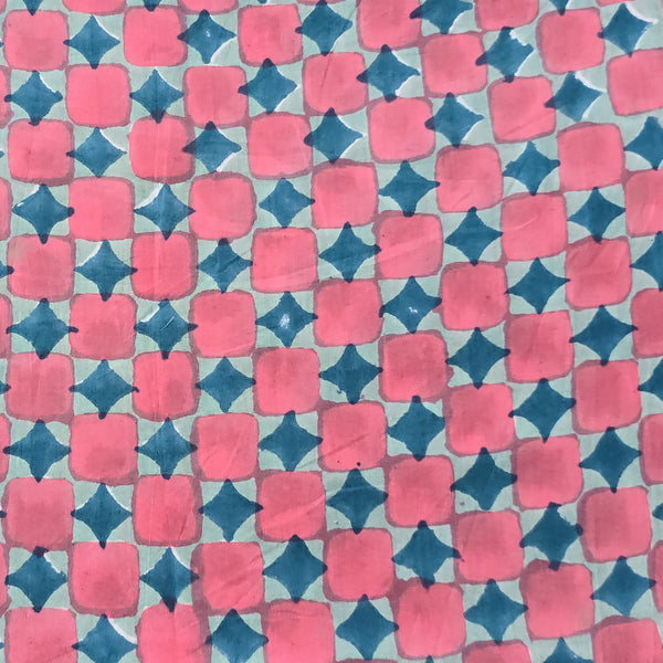 (Pre-Cut 1 Meter) Pure Cotton Jaipuri Peach With Teal Intricate Design Hand Block Print Fabric