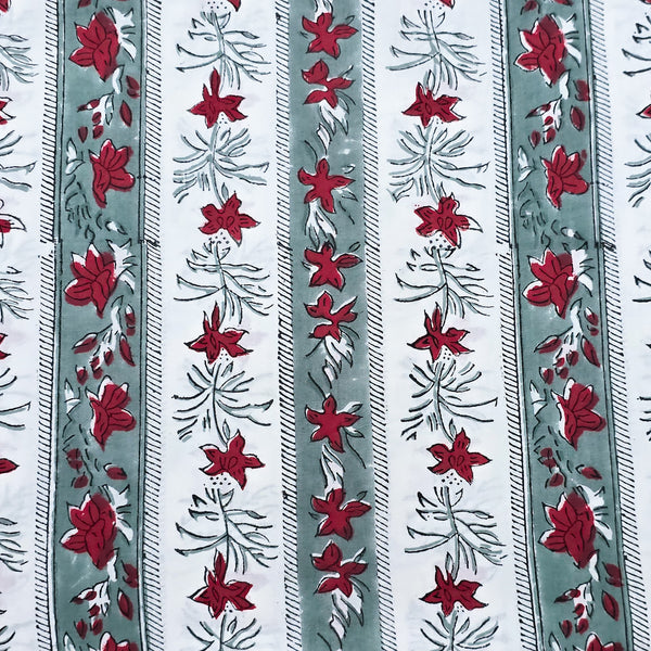 (PRE-CUT 0.85 METER) Pure Cotton Jaipuri White And Grey Green With Red Flower Border Hand Block Print Fabric