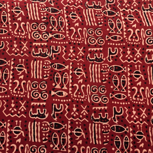 ( Pre-Cut 2 Meter ) Pure Cotton Ajrak Vegetable Dyed Red And Cream With Black Warli Design  Hand Block Print Fabric