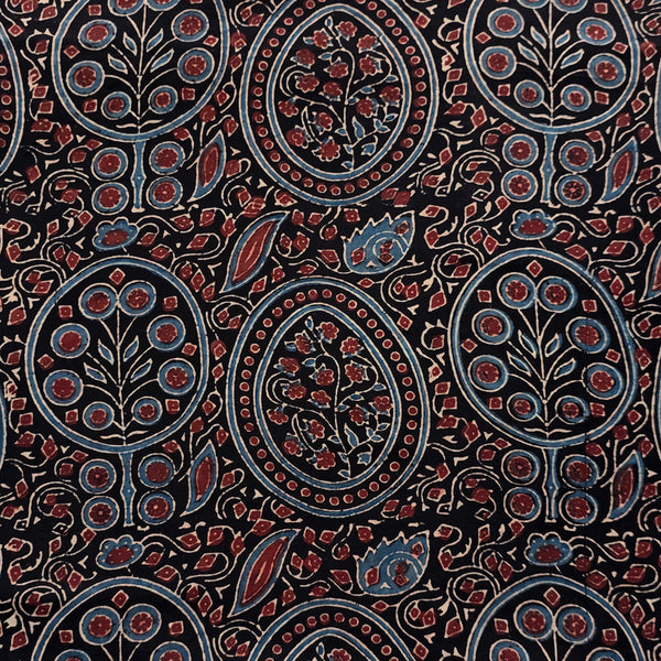 Pure Cotton Gad Ajrak Black And Rust Red With Rust Blue Intricate Design Hand Block Print Fabric