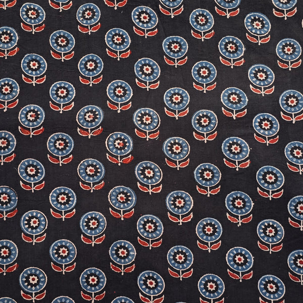 Pure Cotton Gad Ajrak Black With Rust Blue Flower Motifs Hand Block Print Fabric