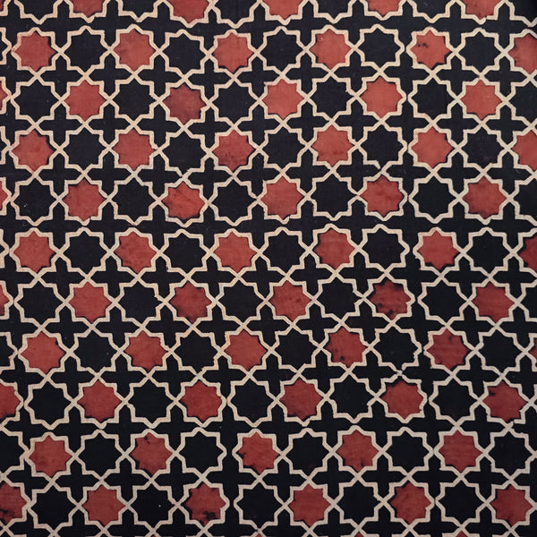 ( Pre-Cut 1.95 Meter ) Pure Cotton Ajrak Vegetable Dyed Black With Rust Red Star Tile Hand Block Print Fabric