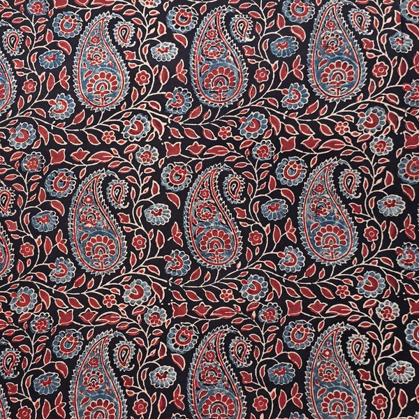 Pure Cotton Gad Ajrak Black And Rust Red Rust Blue Kairi With Flower Jaal Hand Block Print Fabric