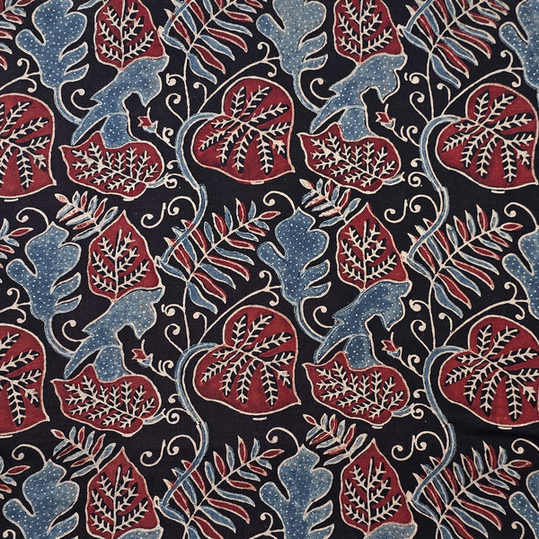 Pure Cotton Gad Ajrak Black And Rust Red With Rust Blue Jungle Leafs Jaal Hand Block Print Fabric
