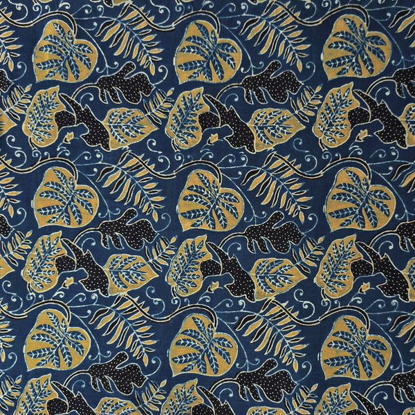 Pure Cotton Gad Ajrak Blue With Sandy Jungle Leafs Jaal Hand Block Print Fabric