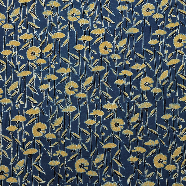 Pure Cotton Gad Ajrak Blue With Rust Green Flower Creeper Hand Block Print Fabric