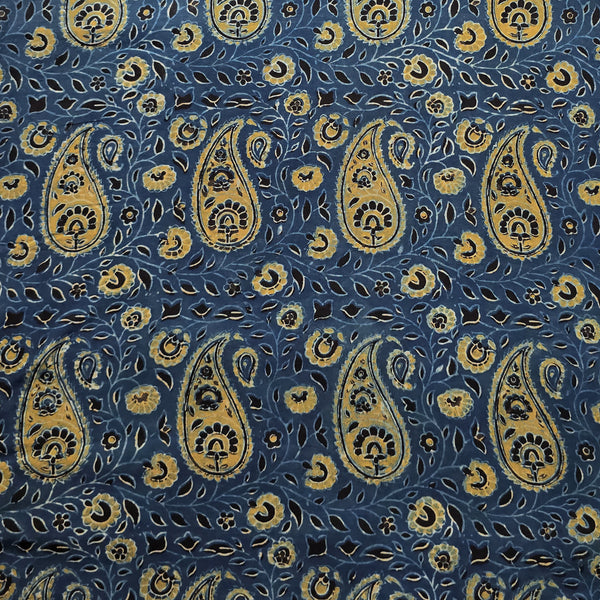 Pure Cotton Gad Ajrak Blue With Rust Green Kairi Intricate Design Hand Block Print Fabric