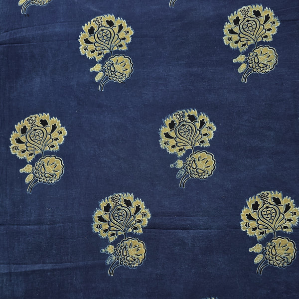 Pure Cotton Gad Ajrak Blue With Rust Green Big Flower Motif Hand Block Print Fabric