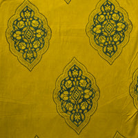 Pure Cotton Gad Ajrak Yellow With Green Big Motif Intricate Design Hand Block Print Fabric