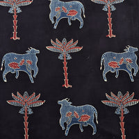 Pure Cotton Gad Ajrak Black And Rust Red With Rust Blue Cow Motifs Hand Block Print Fabric