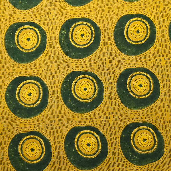 Pure Cotton Gad Ajrak Turmeric With Green Big Circle Intricate Design Hand Block Print Fabric