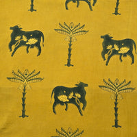 Pure Cotton Ajrak Yellow With Green Cow  Motif Hand Block Print Fabric