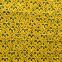 Pure Cotton Ajrak Turmeric Yellow With Green Flower Motif Hand Block Print Fabric