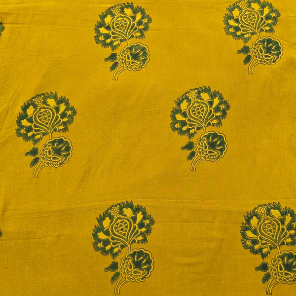 Pure Cotton Gad Ajrak Yellow With Green Big Flower Motif Hand Block Print Fabric