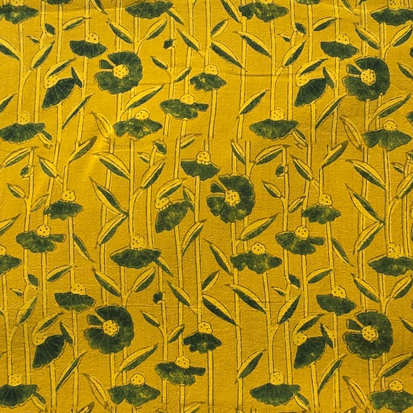 Pure Cotton Ajrak Yellow With Green Flower Creeper  Hand Block Print Fabric