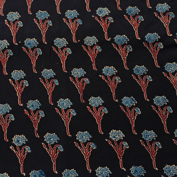 Pure Cotton Gad Ajrak Black With Blue Flower Plant Hand Block Print Fabric