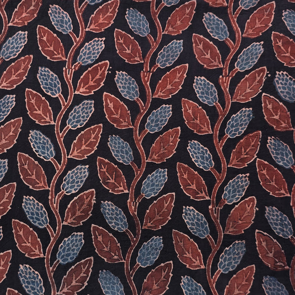 Pure Cotton Gad Ajrak Black With Maroon And Blue Leaves Creeper Jaal Hand Block Print Fabric