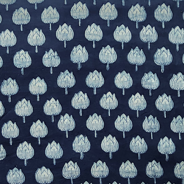Pure Cotton Akola Indigo With White Lotus Hand Block Print Fabric