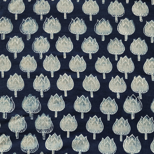 Pure Cotton Akola Indigo With White Lotus Flower Motif Hand Block Print Fabric