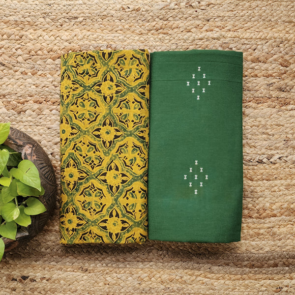 Top Bottom Combo Pure Cotton Yellow With Green Hand Block Print Fabric (2.5 Meters Each)